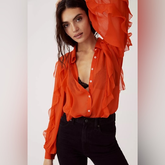 Maeve By Anthropologie Ruffled Button Down Sheer Blouse Size Small Orange Red - Picture 1 of 11